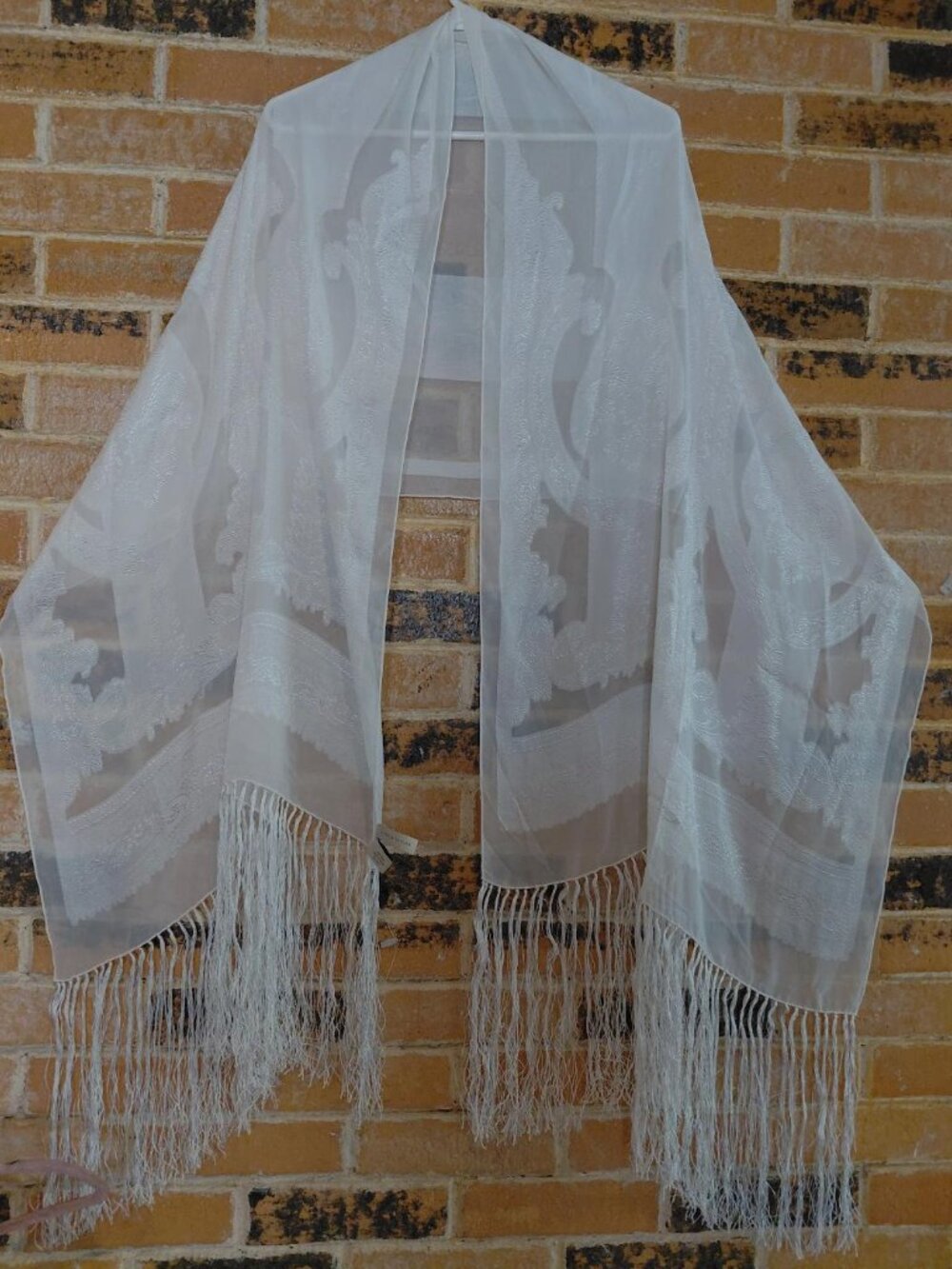 Vintage Lord and Taylor White Embossed Long Silk Fringed Shawl
